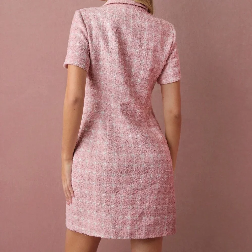 Pink Elegant Romantic Women's Tweed Short Sleeve Mini Dress - Picture 2 of 7